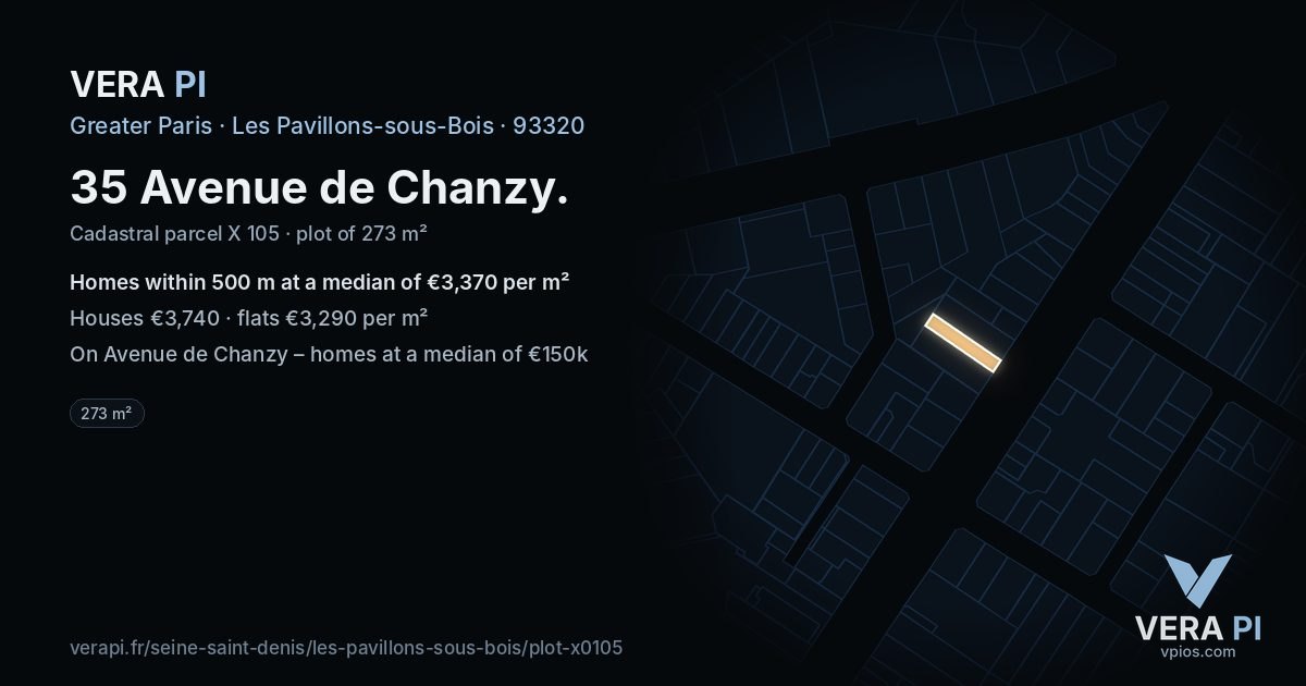 35 Avenue de Chanzy, Les Pavillons-sous-Bois at night – the plot lit, the parcels around coloured by the prices near them