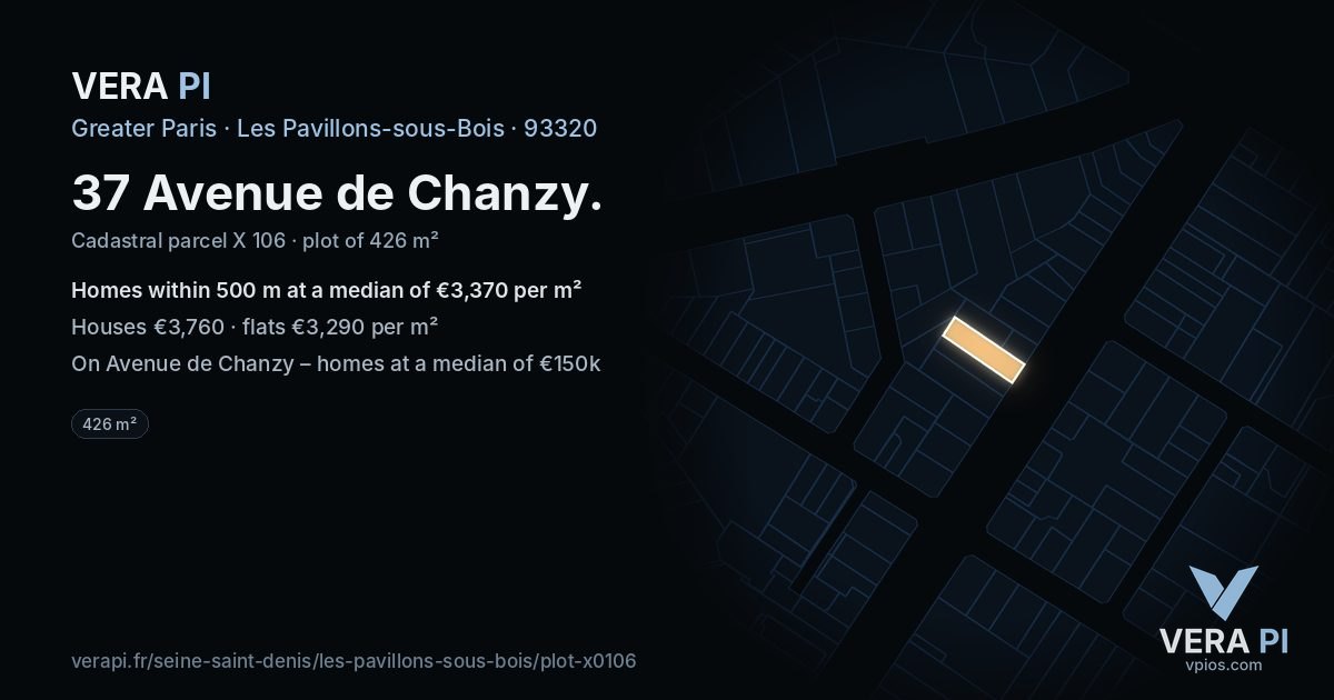 37 Avenue de Chanzy, Les Pavillons-sous-Bois at night – the plot lit, the parcels around coloured by the prices near them