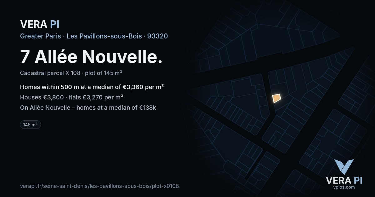 7 Allée Nouvelle, Les Pavillons-sous-Bois at night – the plot lit, the parcels around coloured by the prices near them