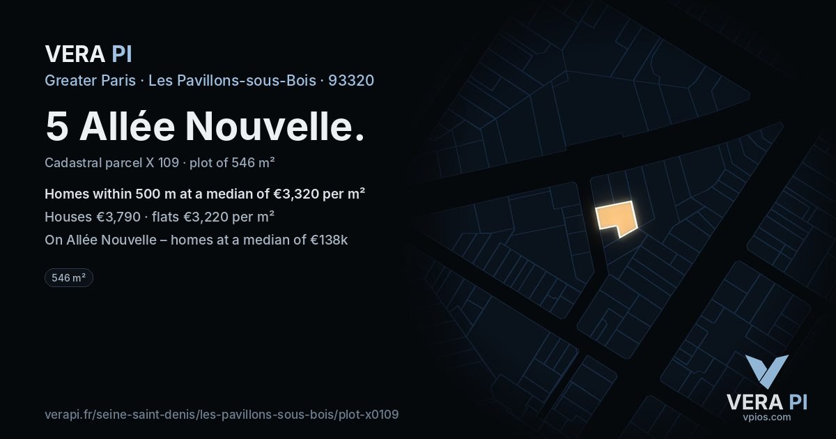 5 Allée Nouvelle, Les Pavillons-sous-Bois at night – the plot lit, the parcels around coloured by the prices near them