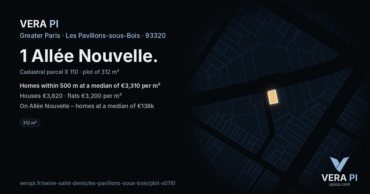 1 Allée Nouvelle, Les Pavillons-sous-Bois at night – the plot lit, the parcels around coloured by the prices near them