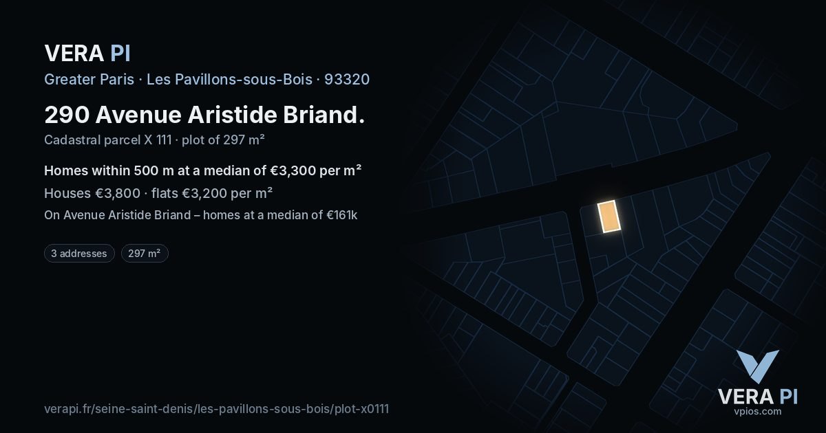 290 Avenue Aristide Briand, Les Pavillons-sous-Bois at night – the plot lit, the parcels around coloured by the prices near them