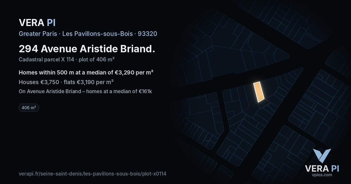 294 Avenue Aristide Briand, Les Pavillons-sous-Bois at night – the plot lit, the parcels around coloured by the prices near them