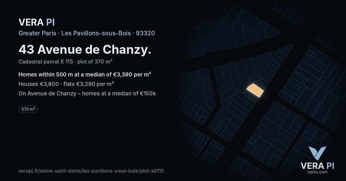 43 Avenue de Chanzy, Les Pavillons-sous-Bois at night – the plot lit, the parcels around coloured by the prices near them