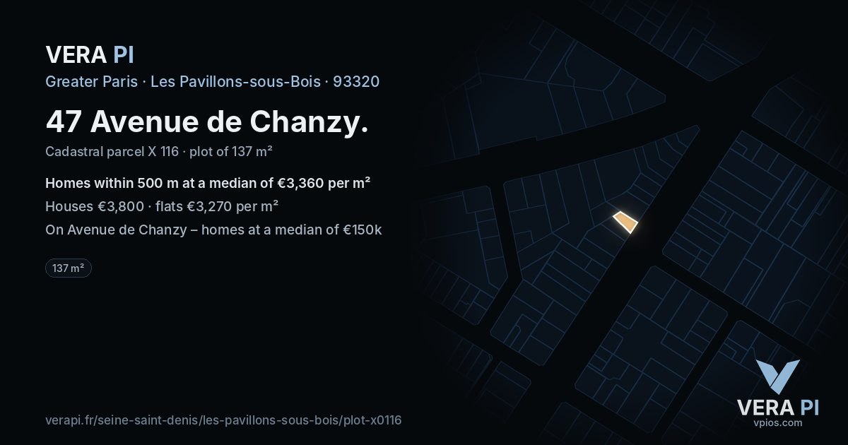 47 Avenue de Chanzy, Les Pavillons-sous-Bois at night – the plot lit, the parcels around coloured by the prices near them