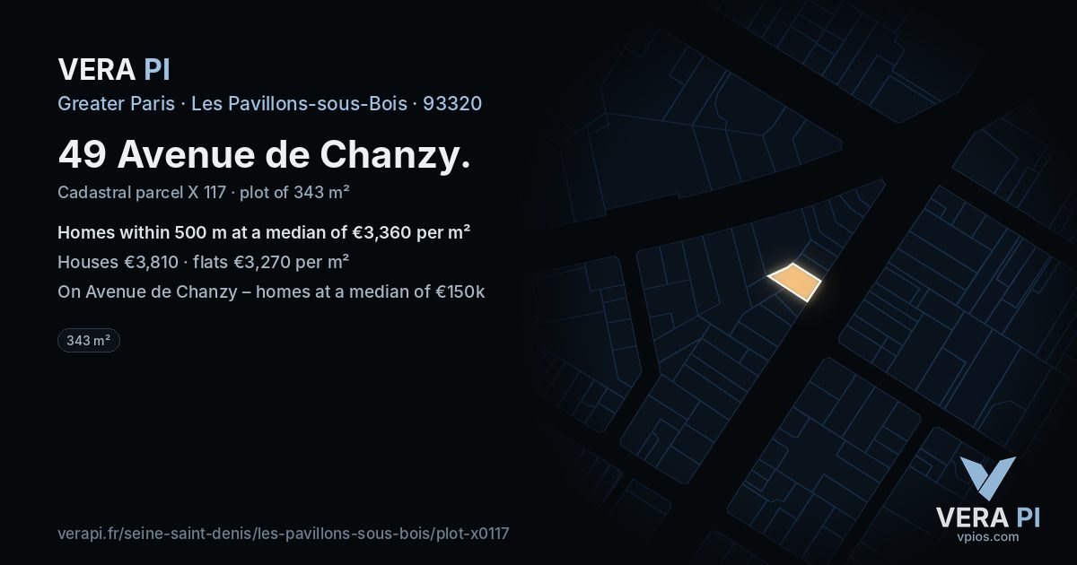 49 Avenue de Chanzy, Les Pavillons-sous-Bois at night – the plot lit, the parcels around coloured by the prices near them