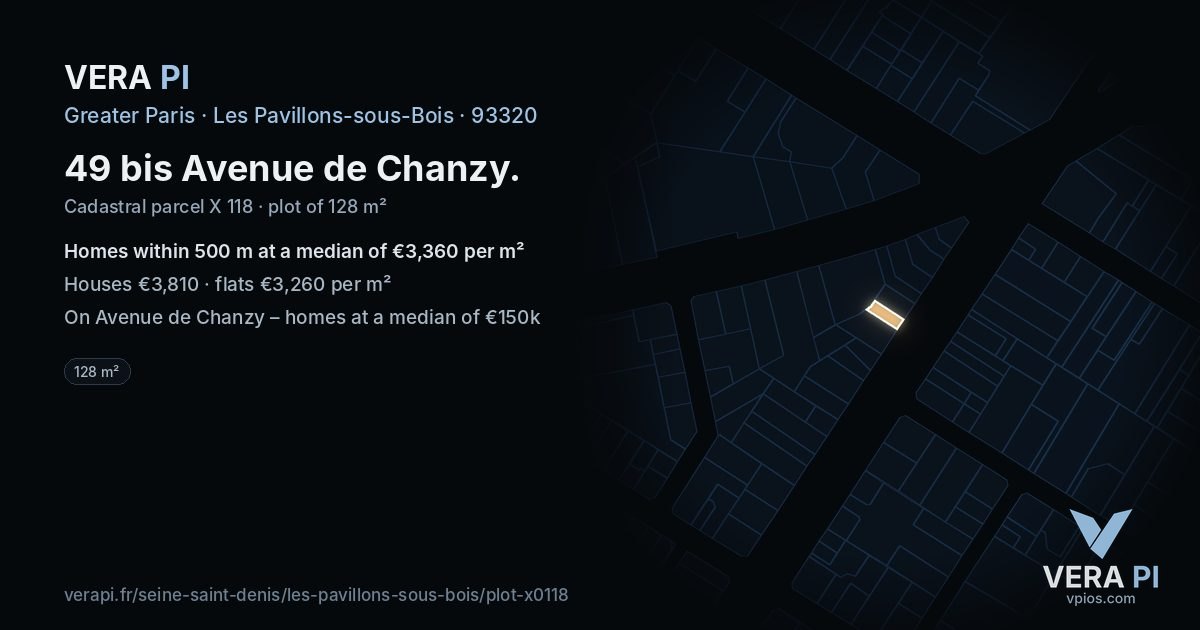 49 bis Avenue de Chanzy, Les Pavillons-sous-Bois at night – the plot lit, the parcels around coloured by the prices near them