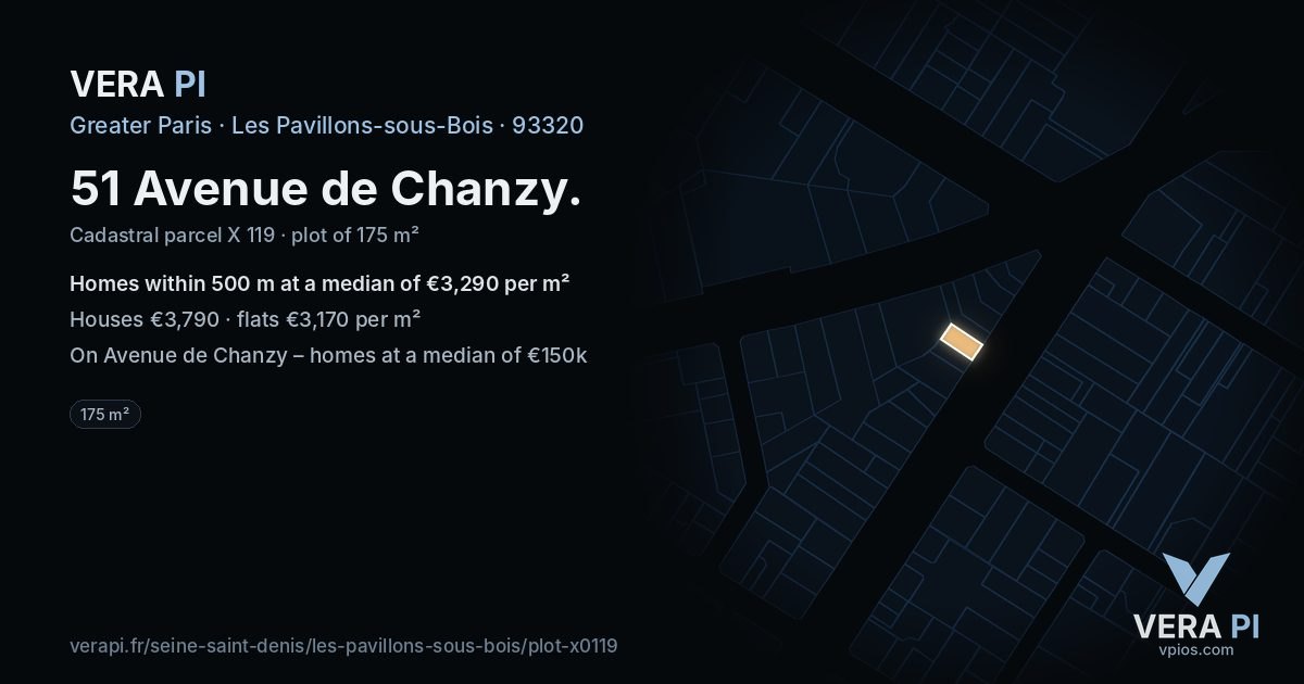 51 Avenue de Chanzy, Les Pavillons-sous-Bois at night – the plot lit, the parcels around coloured by the prices near them