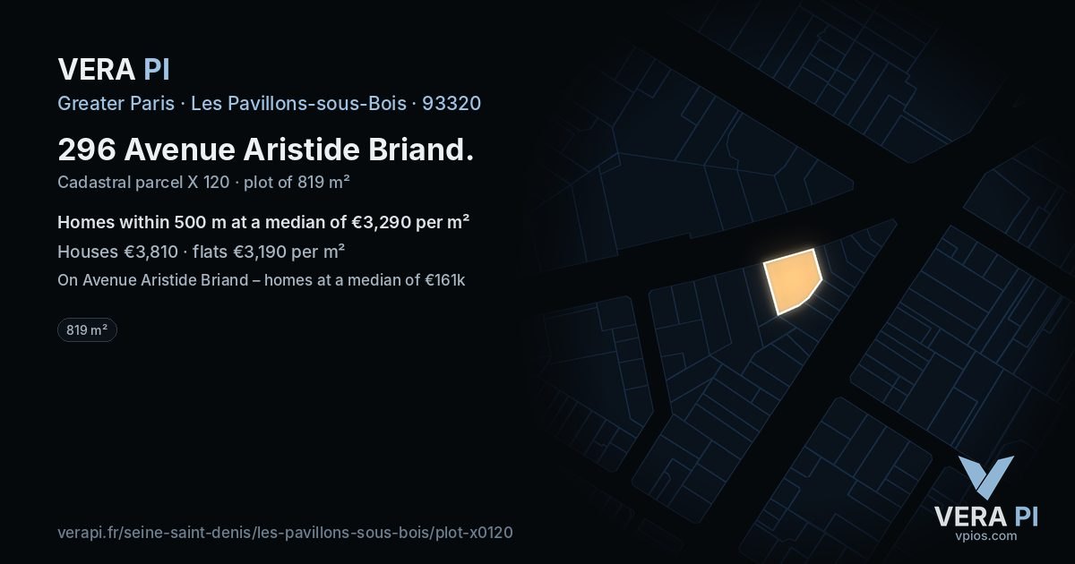 296 Avenue Aristide Briand, Les Pavillons-sous-Bois at night – the plot lit, the parcels around coloured by the prices near them