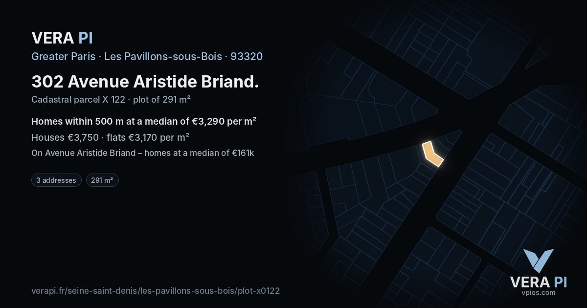 302 Avenue Aristide Briand, Les Pavillons-sous-Bois at night – the plot lit, the parcels around coloured by the prices near them