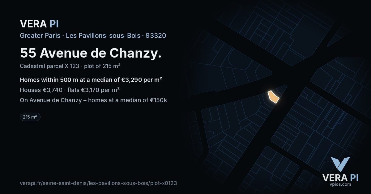 55 Avenue de Chanzy, Les Pavillons-sous-Bois at night – the plot lit, the parcels around coloured by the prices near them