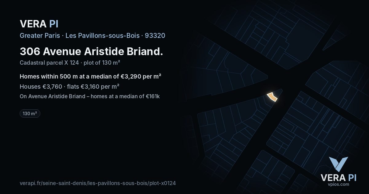 306 Avenue Aristide Briand, Les Pavillons-sous-Bois at night – the plot lit, the parcels around coloured by the prices near them