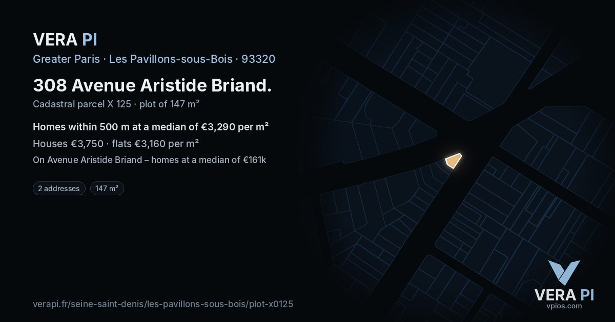 308 Avenue Aristide Briand, Les Pavillons-sous-Bois at night – the plot lit, the parcels around coloured by the prices near them
