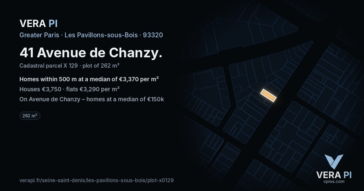 41 Avenue de Chanzy, Les Pavillons-sous-Bois at night – the plot lit, the parcels around coloured by the prices near them