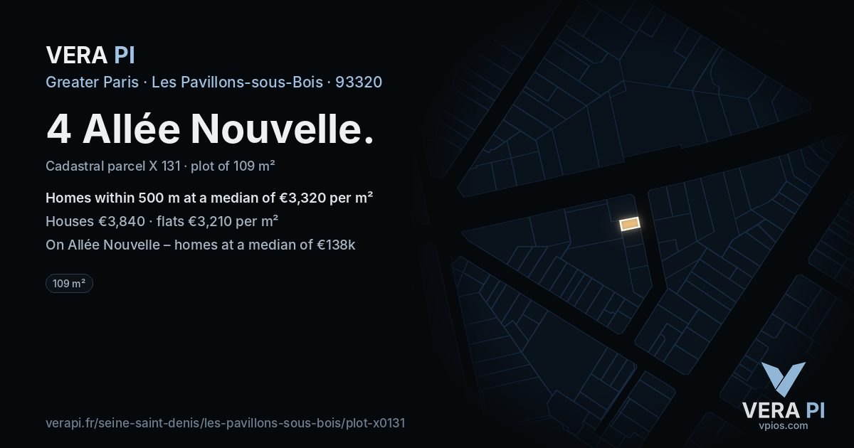 4 Allée Nouvelle, Les Pavillons-sous-Bois at night – the plot lit, the parcels around coloured by the prices near them