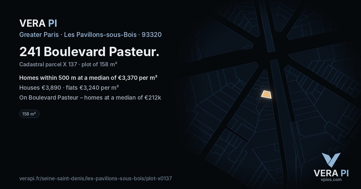 241 Boulevard Pasteur, Les Pavillons-sous-Bois at night – the plot lit, the parcels around coloured by the prices near them
