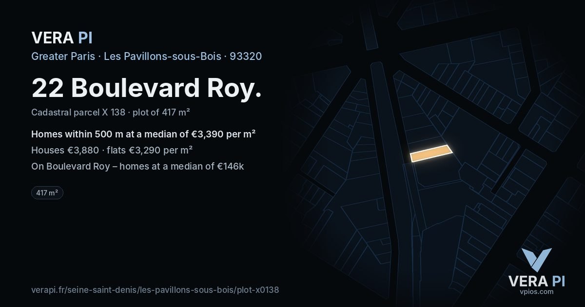 22 Boulevard Roy, Les Pavillons-sous-Bois at night – the plot lit, the parcels around coloured by the prices near them
