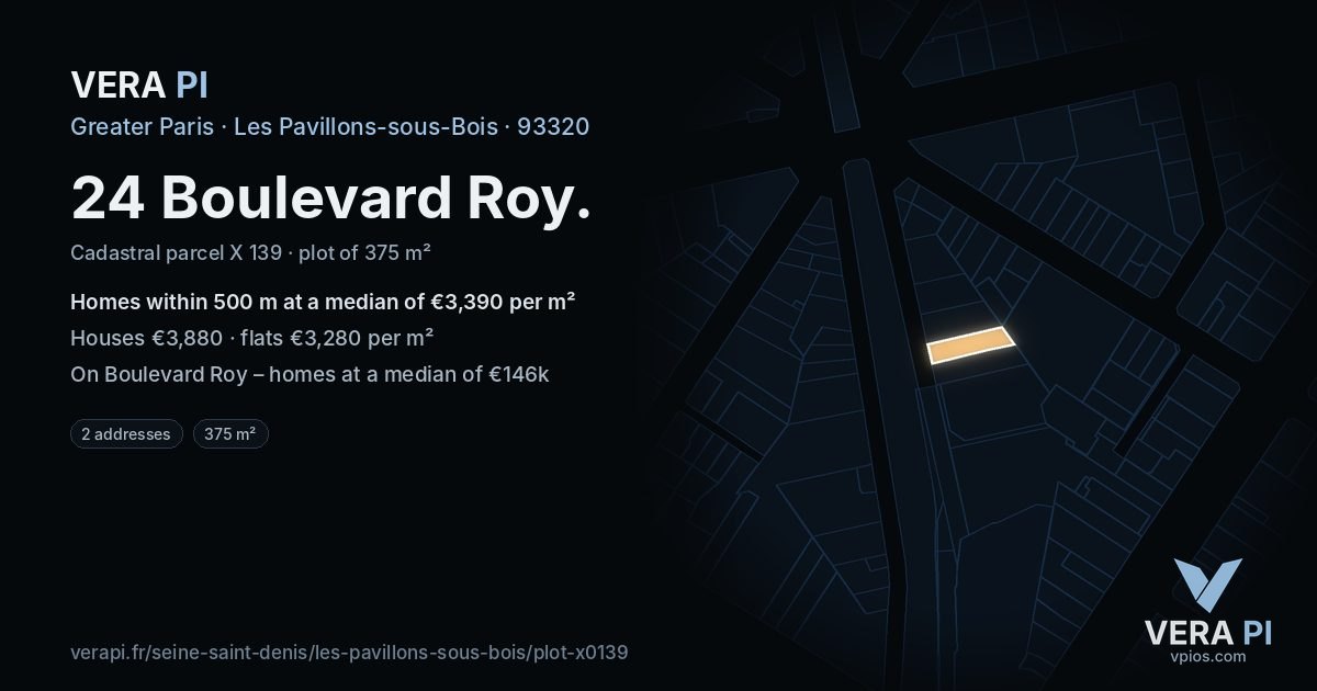 24 Boulevard Roy, Les Pavillons-sous-Bois at night – the plot lit, the parcels around coloured by the prices near them