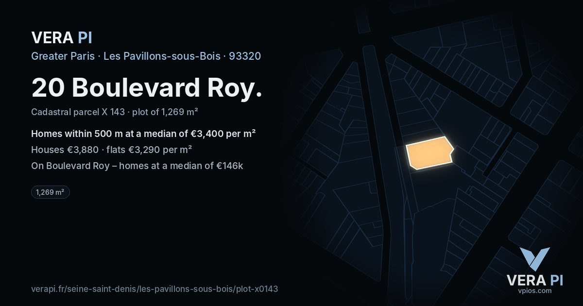 20 Boulevard Roy, Les Pavillons-sous-Bois at night – the plot lit, the parcels around coloured by the prices near them