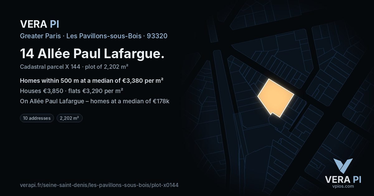14 Allée Paul Lafargue, Les Pavillons-sous-Bois at night – the plot lit, the parcels around coloured by the prices near them