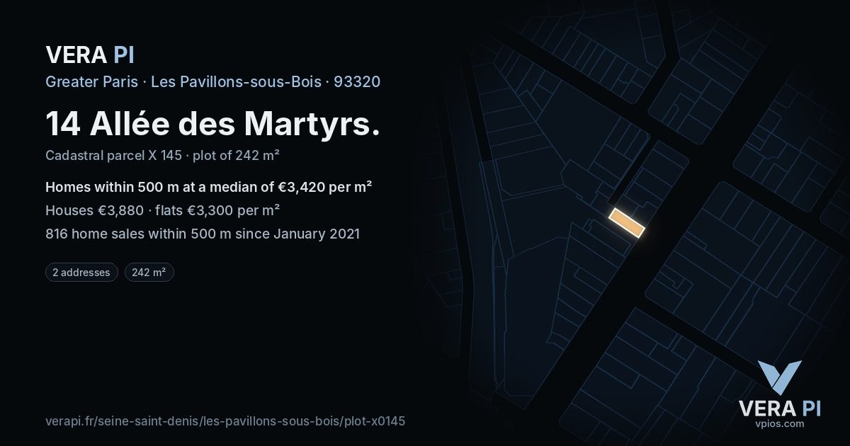 14 Allée des Martyrs, Les Pavillons-sous-Bois at night – the plot lit, the parcels around coloured by the prices near them