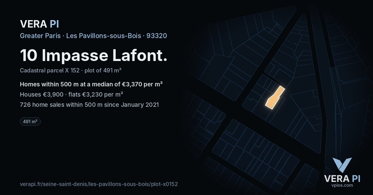10 Impasse Lafont, Les Pavillons-sous-Bois at night – the plot lit, the parcels around coloured by the prices near them