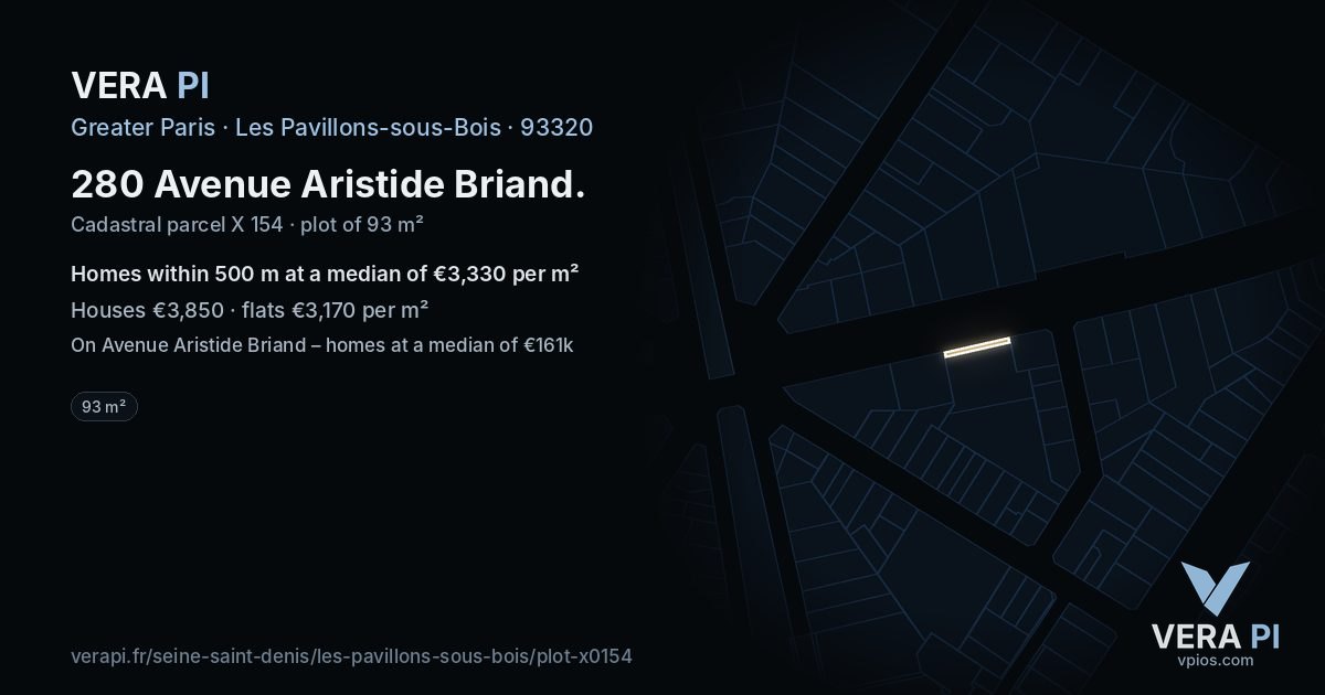 280 Avenue Aristide Briand, Les Pavillons-sous-Bois at night – the plot lit, the parcels around coloured by the prices near them