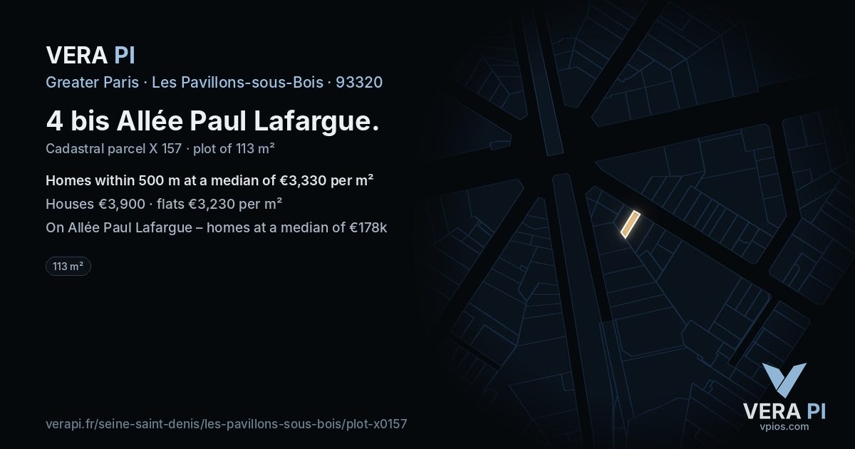 4 bis Allée Paul Lafargue, Les Pavillons-sous-Bois at night – the plot lit, the parcels around coloured by the prices near them