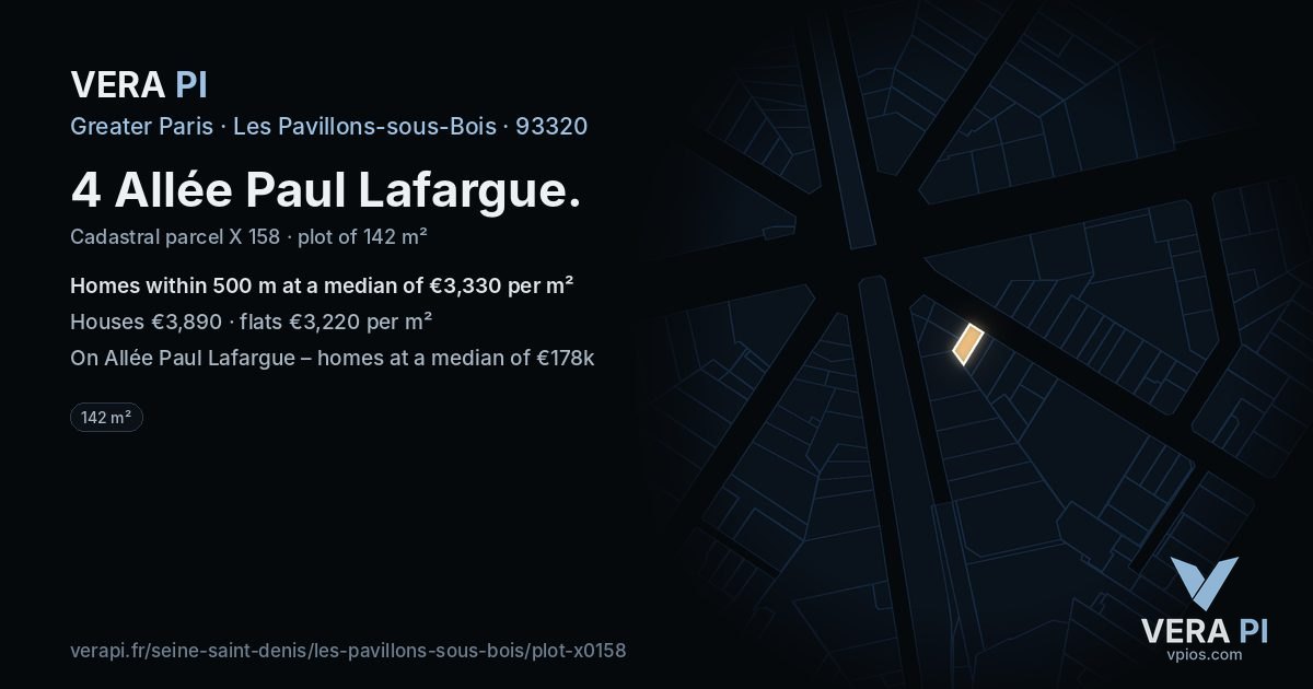 4 Allée Paul Lafargue, Les Pavillons-sous-Bois at night – the plot lit, the parcels around coloured by the prices near them