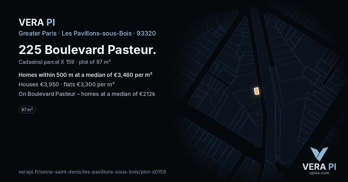 225 Boulevard Pasteur, Les Pavillons-sous-Bois at night – the plot lit, the parcels around coloured by the prices near them
