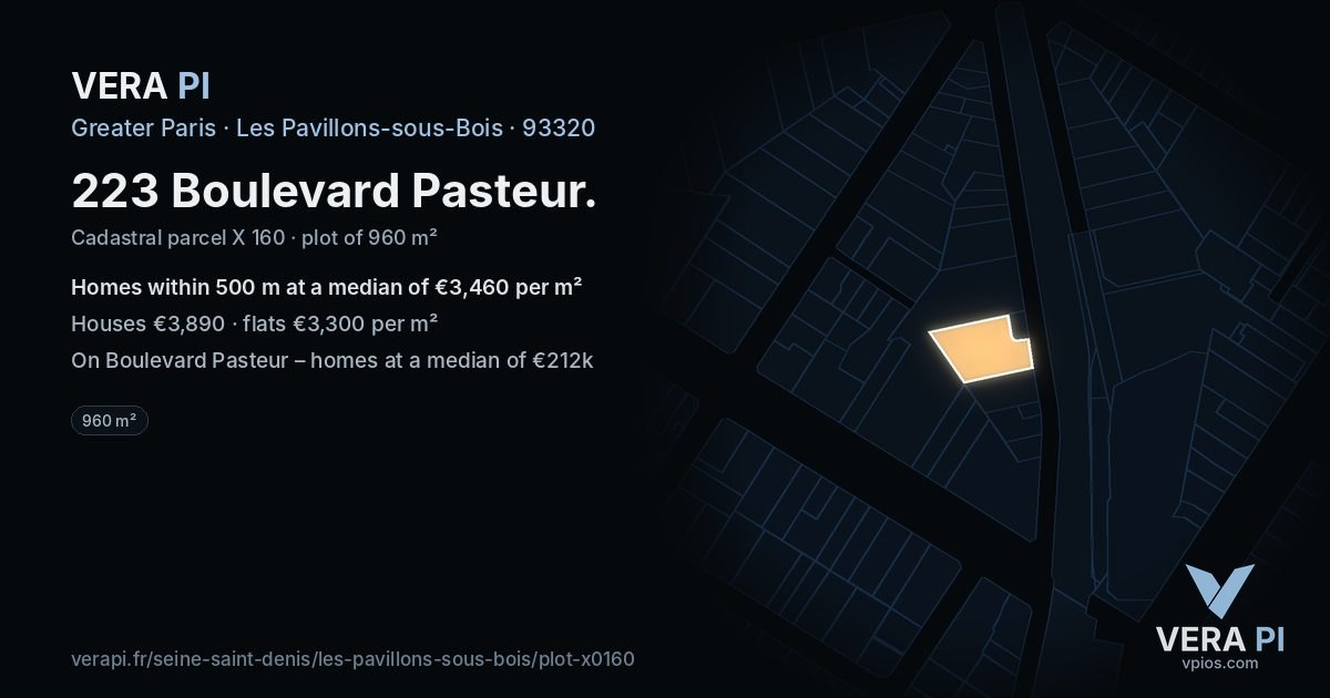 223 Boulevard Pasteur, Les Pavillons-sous-Bois at night – the plot lit, the parcels around coloured by the prices near them