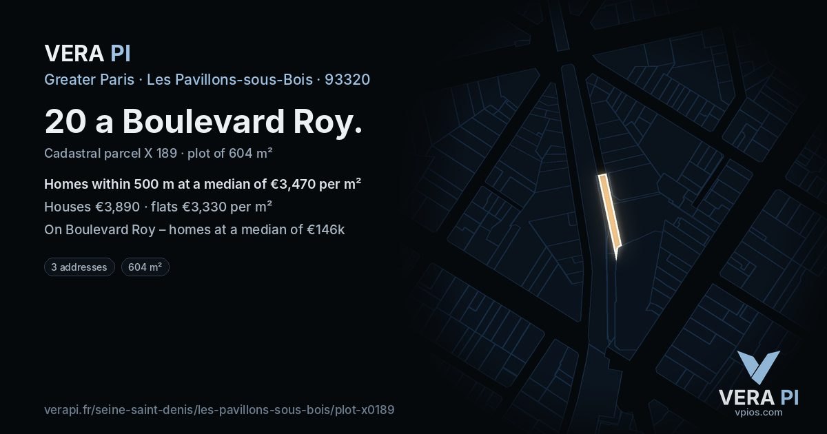 20 a Boulevard Roy, Les Pavillons-sous-Bois at night – the plot lit, the parcels around coloured by the prices near them