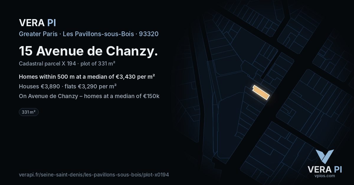 15 Avenue de Chanzy, Les Pavillons-sous-Bois at night – the plot lit, the parcels around coloured by the prices near them