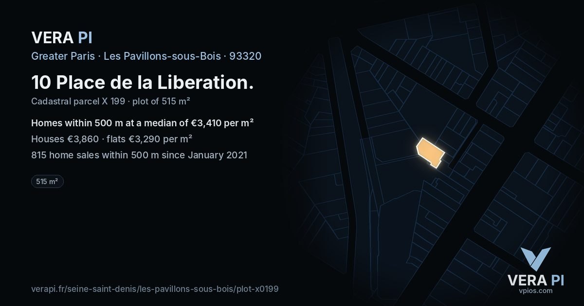 10 Place de la Liberation, Les Pavillons-sous-Bois at night – the plot lit, the parcels around coloured by the prices near them