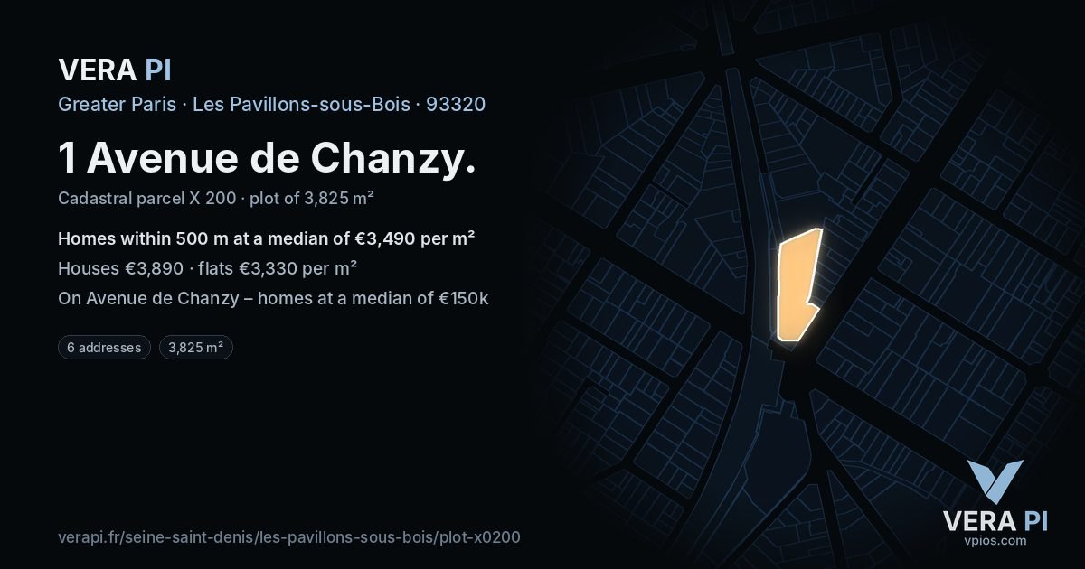 1 Avenue de Chanzy, Les Pavillons-sous-Bois at night – the plot lit, the parcels around coloured by the prices near them