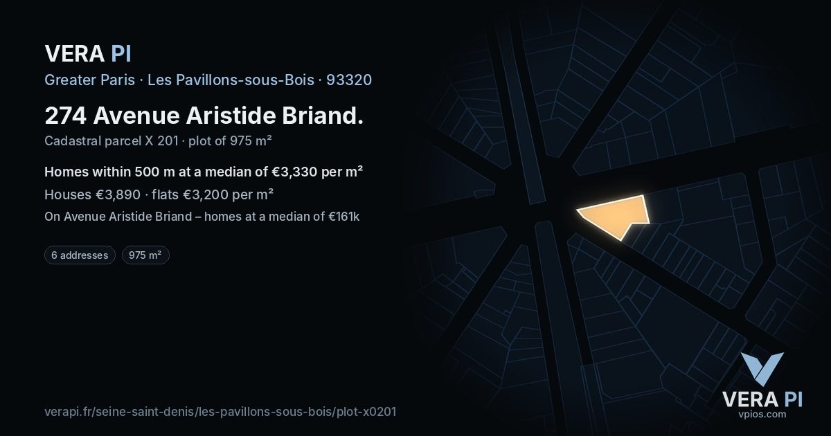 274 Avenue Aristide Briand, Les Pavillons-sous-Bois at night – the plot lit, the parcels around coloured by the prices near them