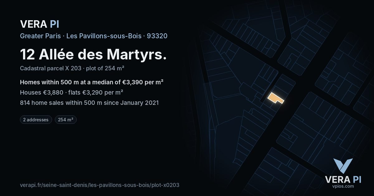 12 Allée des Martyrs, Les Pavillons-sous-Bois at night – the plot lit, the parcels around coloured by the prices near them