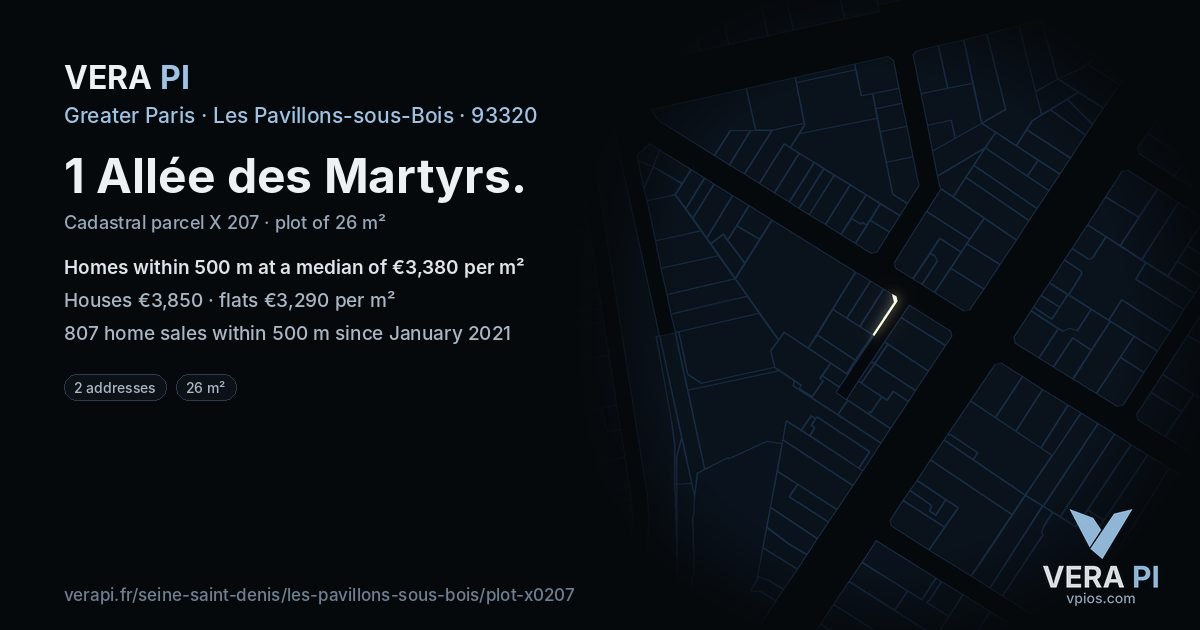 1 Allée des Martyrs, Les Pavillons-sous-Bois at night – the plot lit, the parcels around coloured by the prices near them