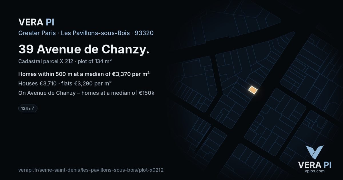 39 Avenue de Chanzy, Les Pavillons-sous-Bois at night – the plot lit, the parcels around coloured by the prices near them