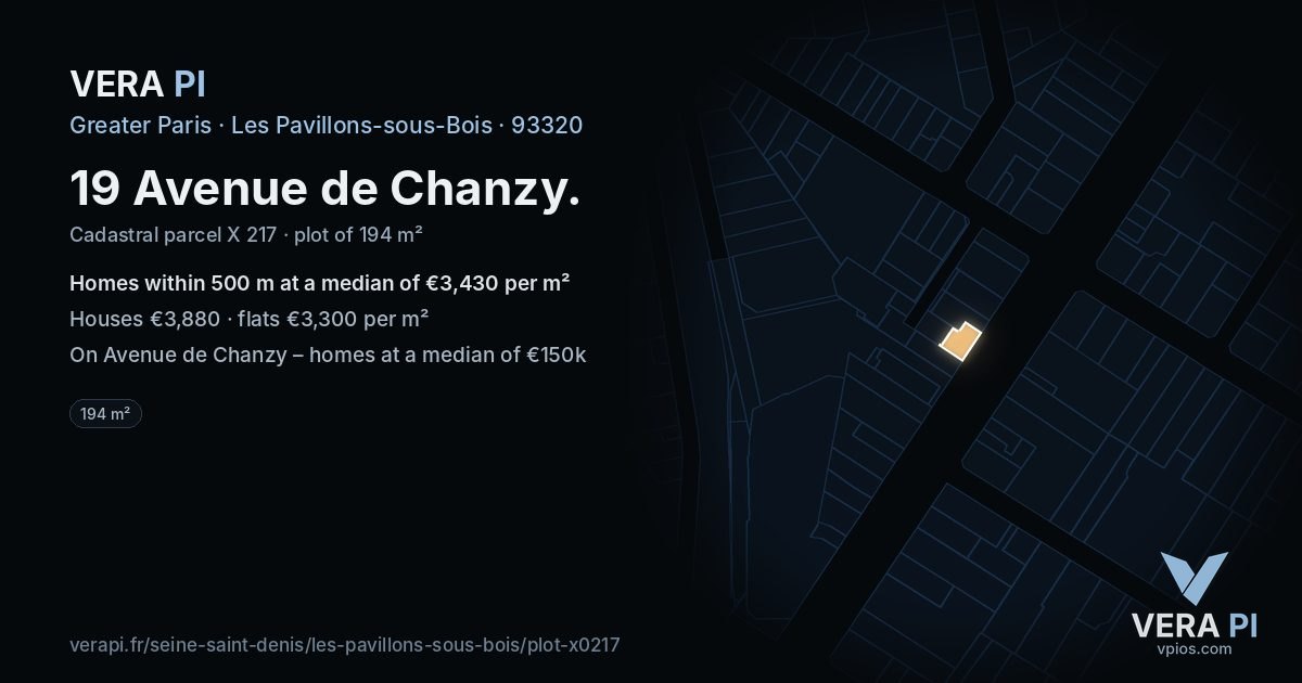 19 Avenue de Chanzy, Les Pavillons-sous-Bois at night – the plot lit, the parcels around coloured by the prices near them