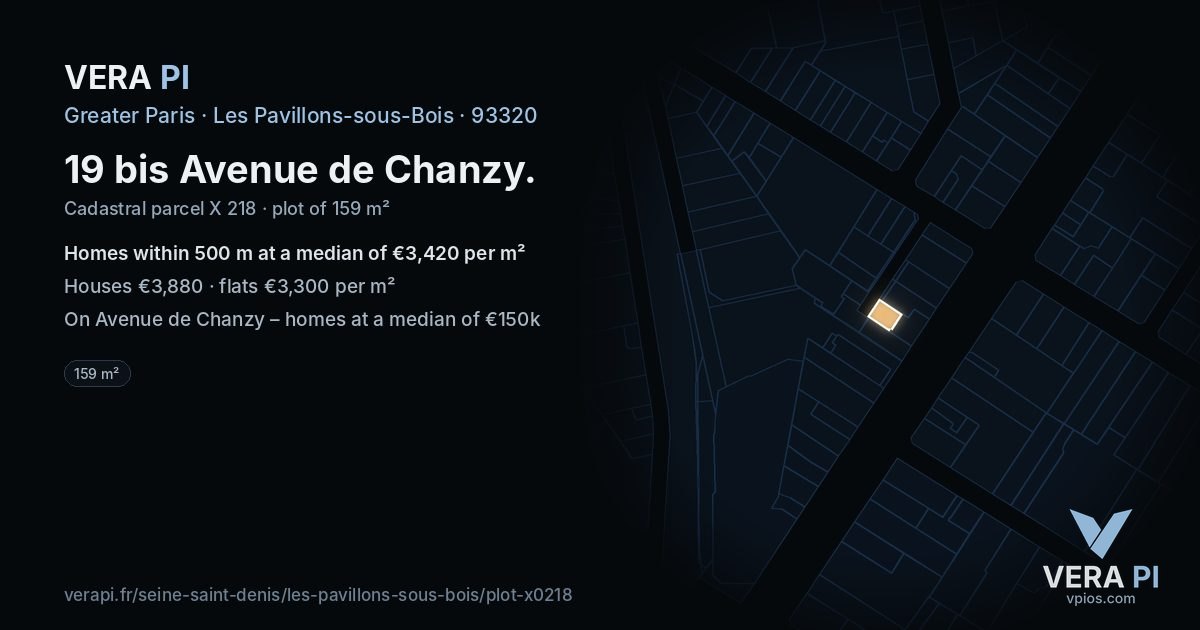 19 bis Avenue de Chanzy, Les Pavillons-sous-Bois at night – the plot lit, the parcels around coloured by the prices near them