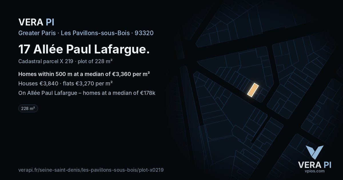 17 Allée Paul Lafargue, Les Pavillons-sous-Bois at night – the plot lit, the parcels around coloured by the prices near them