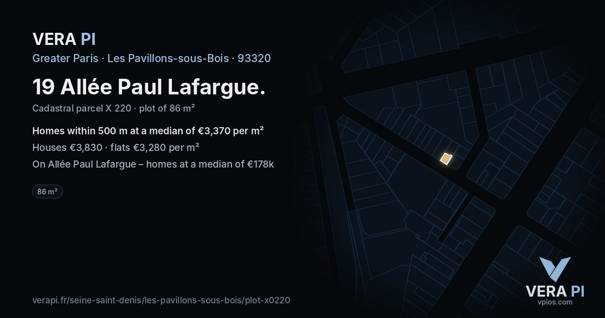 19 Allée Paul Lafargue, Les Pavillons-sous-Bois at night – the plot lit, the parcels around coloured by the prices near them