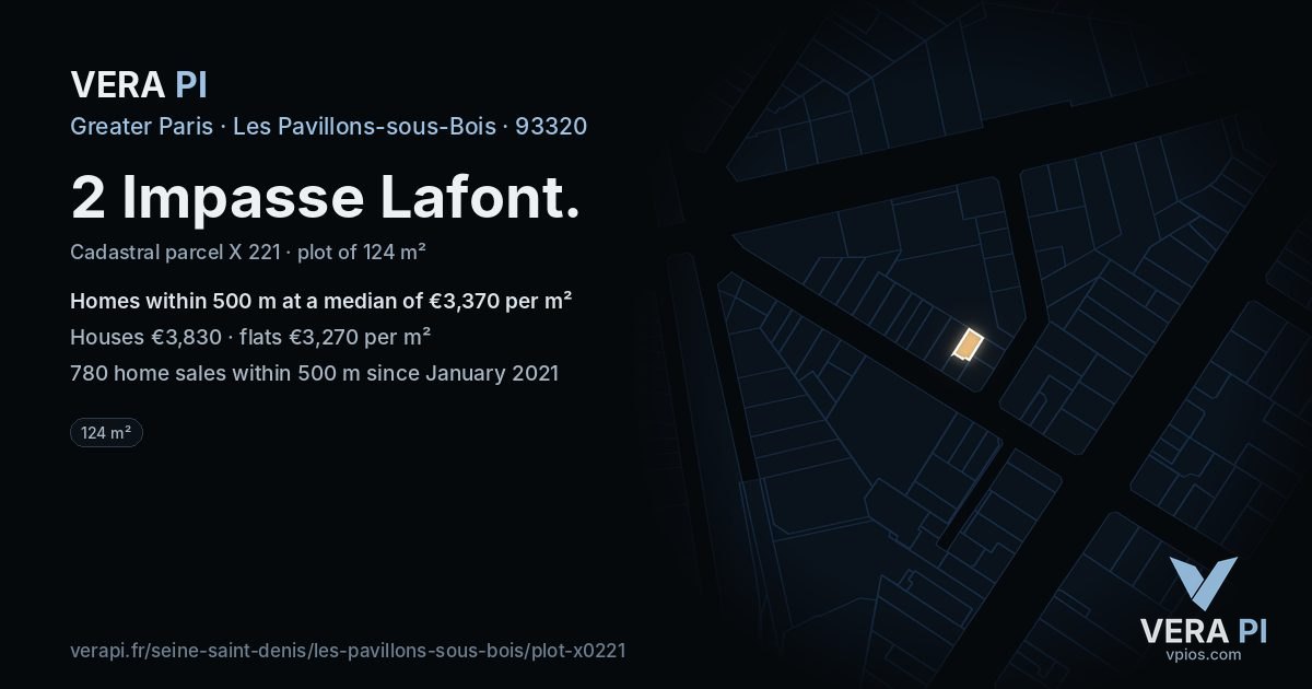 2 Impasse Lafont, Les Pavillons-sous-Bois at night – the plot lit, the parcels around coloured by the prices near them