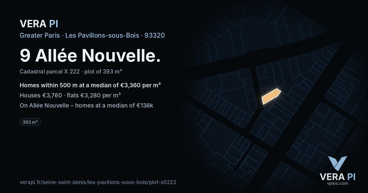 9 Allée Nouvelle, Les Pavillons-sous-Bois at night – the plot lit, the parcels around coloured by the prices near them