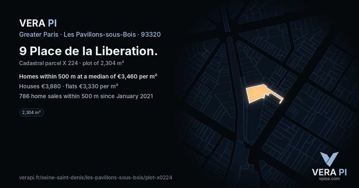 9 Place de la Liberation, Les Pavillons-sous-Bois at night – the plot lit, the parcels around coloured by the prices near them