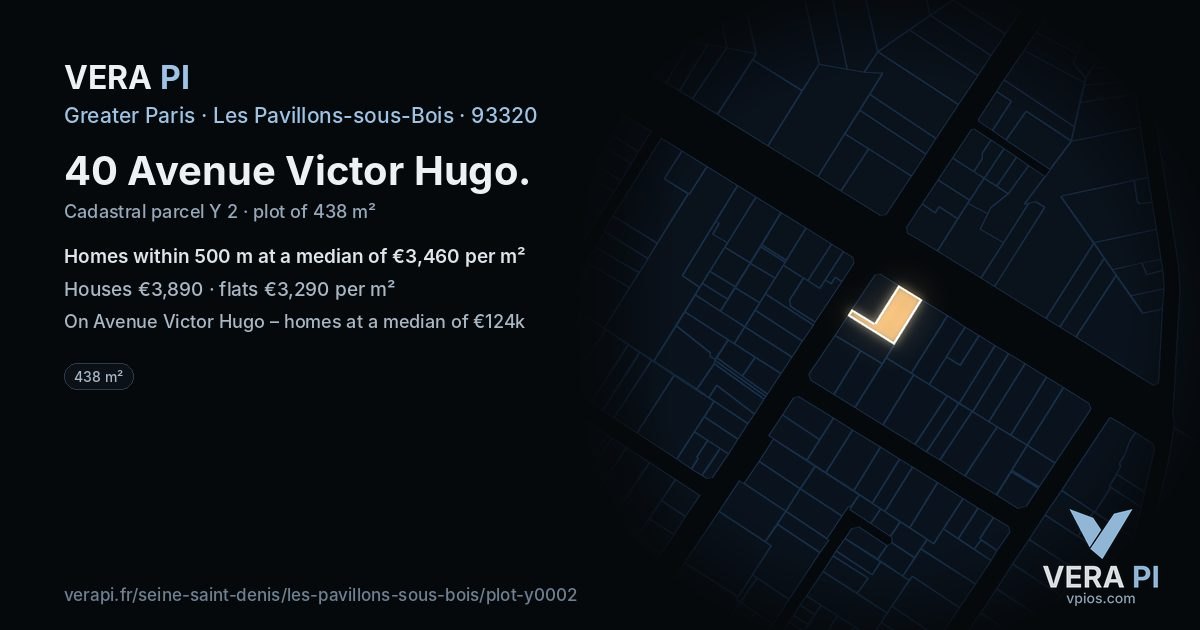 40 Avenue Victor Hugo, Les Pavillons-sous-Bois at night – the plot lit, the parcels around coloured by the prices near them