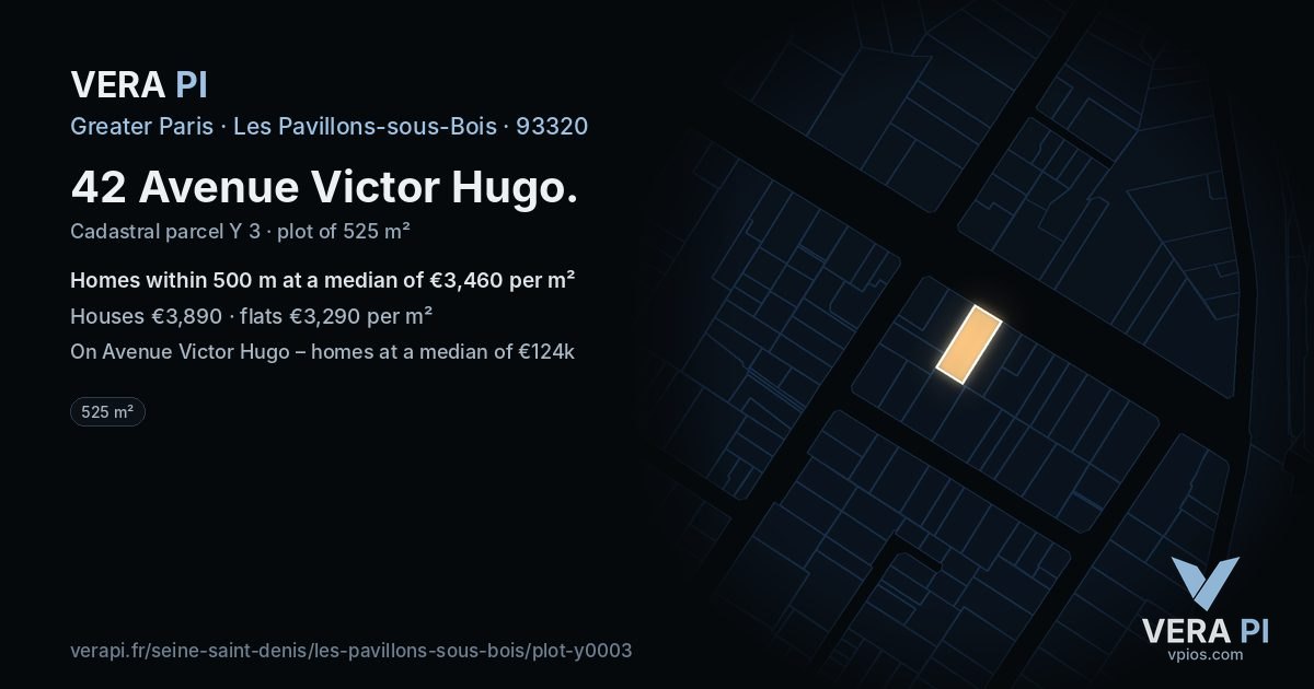 42 Avenue Victor Hugo, Les Pavillons-sous-Bois at night – the plot lit, the parcels around coloured by the prices near them