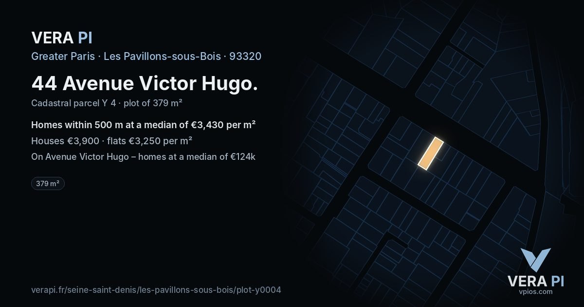 44 Avenue Victor Hugo, Les Pavillons-sous-Bois at night – the plot lit, the parcels around coloured by the prices near them