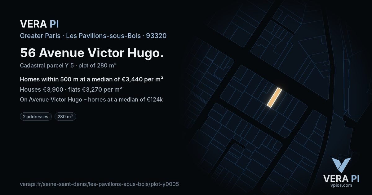 56 Avenue Victor Hugo, Les Pavillons-sous-Bois at night – the plot lit, the parcels around coloured by the prices near them